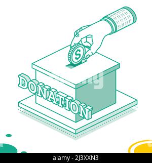 Hand Putting Money in Donation Box. Isometric Charity Concept with Dollar Coin. Vector Illustration. Donating. Stock Vector