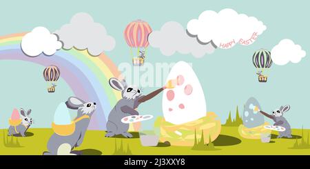 Easter bunnis paints Easter eggs with pastel colors on the background of rainbows, clouds and air balloons. Happy Easter vector isolated cute illustra Stock Vector