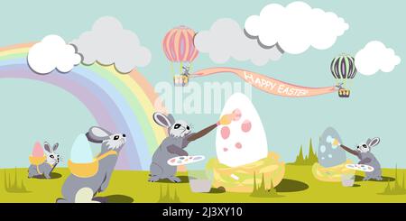 Easter bunnis paints Easter eggs with pastel colors on the background of rainbows, clouds and air balloons. Happy Easter vector isolated cute illustra Stock Vector