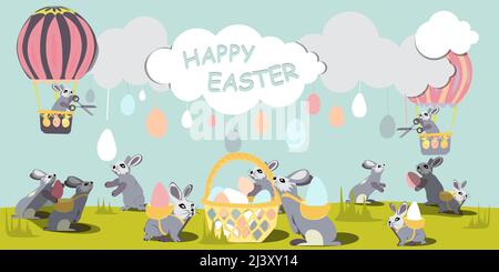 The Easter Bunny flies on air balloon through the sky among the clouds and cuts off Easter eggs with scissors. rabbits catch eggs, carry them and put Stock Vector