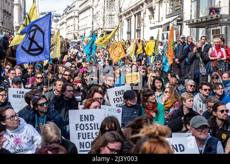 Extinction Rebellion protesters launching a period of civil disruption in London from the 9 April 2022. Occupying Regent Street by sitting in road Stock Photo