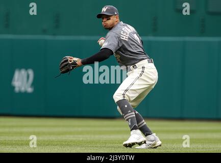 Washington, USA. 10th Apr, 2022. WASHINGTON, DC - APRIL 10: Washington Nationals second baseman Cesar Hernandez (1) fields the ball during a MLB game between the Washington Nationals and the New York Mets, on April 10, 2022, at Nationals Park, in Washington, DC. (Photo by Tony Quinn/SipaUSA) Credit: Sipa USA/Alamy Live News Stock Photo