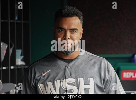 Washington, USA. 10th Apr, 2022. WASHINGTON, DC - APRIL 10: Washington Nationals designated hitter Nelson Cruz (23) in the dugout before a MLB game between the Washington Nationals and the New York Mets, on April 10, 2022, at Nationals Park, in Washington, DC. (Photo by Tony Quinn/SipaUSA) Credit: Sipa USA/Alamy Live News Stock Photo