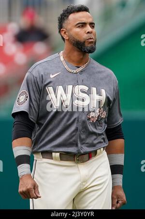 Washington, USA. 10th Apr, 2022. WASHINGTON, DC - APRIL 10: Washington Nationals designated hitter Nelson Cruz (23) during a MLB game between the Washington Nationals and the New York Mets, on April 10, 2022, at Nationals Park, in Washington, DC. (Photo by Tony Quinn/SipaUSA) Credit: Sipa USA/Alamy Live News Stock Photo