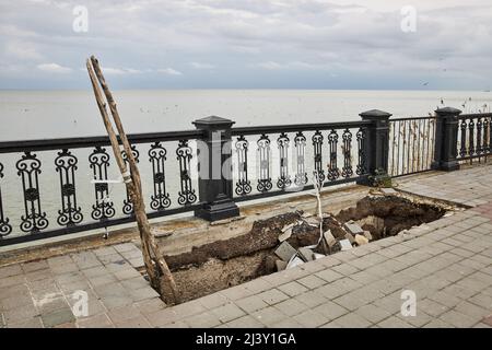 Large deep pit on the embankment of Taganrog city, Azov sea coast. Horizontal view Stock Photo