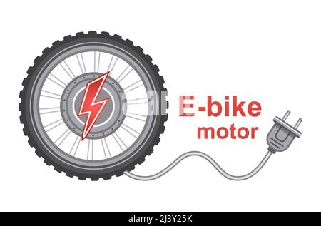 E-bike wheel motor icon. Electric bike hub power engine with plug. Electrical accumulator battery charging. Electro component hybrid bicycle. Vector Stock Vector