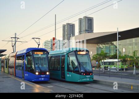 Trams at platform outside Intercambiador, main bus and tram station in  Santa Cruz de Tenerife Canary Islands Spain. Stock Photo