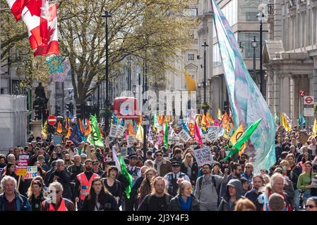 Extinction Rebellion protesters launching a period of civil disruption in London from the 9 April 2022. Blocking Pall Mall, towards Trafalgar Square Stock Photo