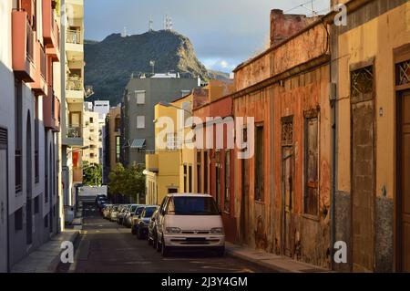 Residential street with colorful properties in Santa Cruz de Tenerife Canary Islands Spain. Stock Photo