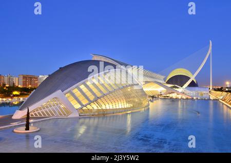 City of Arts and Sciences, modern architectural complex illuminated at dusk, designed by architect Santiago Calatrava in Valencia Spain. Stock Photo