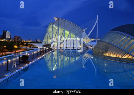 The City of Arts and Sciences - Principe Felipe / Prince Philip Science Museum and L'Hemisferic illuminated at dusk in Valencia Spain. Stock Photo
