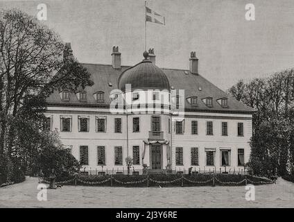 Denmark, Gentofte. Bernstorff Palace, the royal summer residence where Queen Louise (1817-1898) died. Neoclassical building completed in 1765. Engraving by Matute. La Ilustración Española y Americana, 1898.