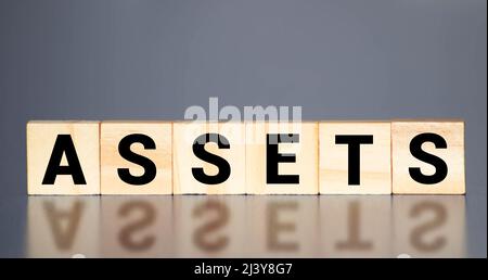 assets - word from wooden blocks with letters, useful or valuable thing assets concept, random letters around white background Stock Photo