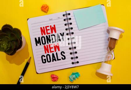 Handwriting text writing New Monday New Week New Goals. Concept meaning next week resolutions To do list Goals Targets written Yellow Sticky note pape Stock Photo