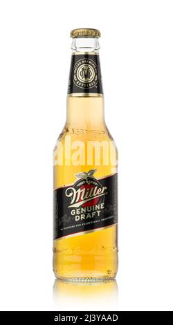 CHISINAU, MOLDOVA - April 9, 2022: Miller Genuine Draft is the original cold filtered packaged draft beer, a product of the Miller Brewing Company own Stock Photo