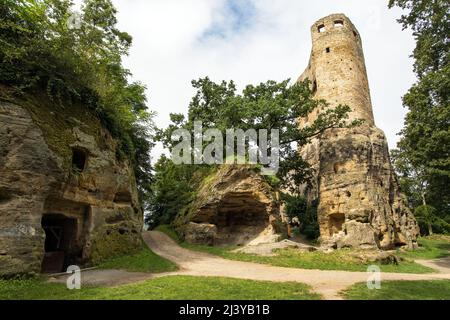 Hrad Valecov rock castle ruin near Mnichovo Hradiste town, Cesky Raj, Bohemian paradise, Czech Republic Stock Photo