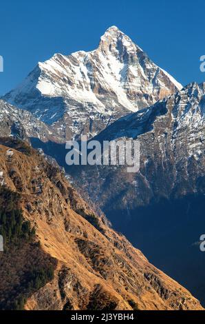 mount Nanda Devi, one of the best mounts in Indian Himalaya, seen from Joshimath Auli,  Uttarakhand, India Stock Photo