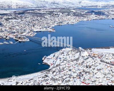 View of the bridge to Tromso island, Norway, from above Stock Photo
