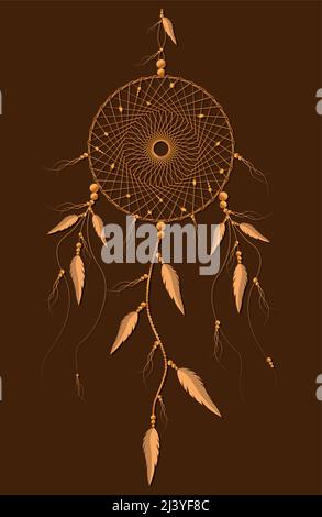 dreamcatcher with mandala ornament and bird feathers. Gold Mystic symbol, Ethnic art with native American Indian boho design, vector isolated on old Stock Vector