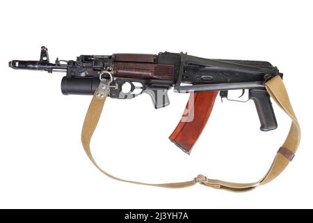 Kalashnikov AK 74 rifle with under-barrel grenade launcher isolated on white background Stock Photo
