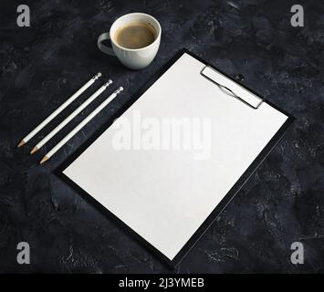 Branding stationery mockup. Blank objects and coffee cup for placing your design. Stock Photo