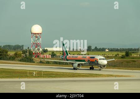 Sofia, Bulgaria - September 02, 2018: Alitalia Airbus A320 aircraft taxiing at Sofia Airport Stock Photo
