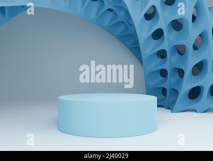 Light, pastel, baby blue 3D rendering product display with cylinder stand or podium and futuristic abstract geometric shapes modern background minimal Stock Photo