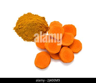 Fresh turmeric slices isolated on white background Stock Photo
