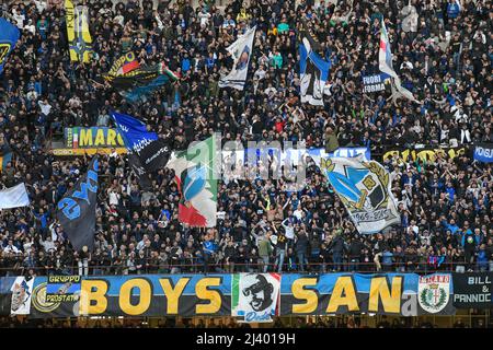 Milano, Italy. 09th, April 2022. Football fans of Inter seen on the stands during the Serie A match between Inter and Hellas Verona at Giuseppe Meazza in Milano. (Photo credit: Gonzales Photo - Tommaso Fimiano). Stock Photo