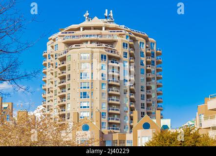 Facade detail of a modern high-rise apartment building. Modern Architectural Detail of a High Rise Condo Building. Street photo, nobody, selective foc Stock Photo