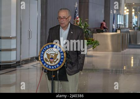 New York, United States. 10th Apr, 2022. Senate Majority Leader, Chuck Schumer (D-NY) addresses the recent 'explosion' in ghost guns, weapons built from kits that are untraceable, in New York City and Long Island, calling on the federal government to rein in the unregulated weapons at a press conference in New York City. The number of ghost guns appearing in New York City has exploded this year with 131 recovered from Jan. 1 through Wednesday, NYPD statistics show. Credit: SOPA Images Limited/Alamy Live News Stock Photo