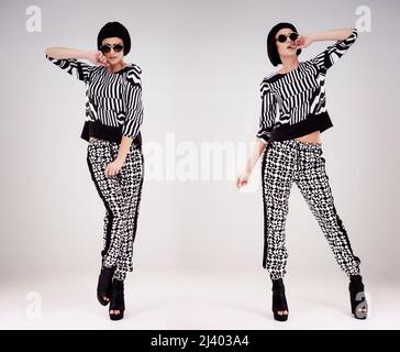 Seeing style in double. Studio shot of a retro-stylish young woman. Stock Photo