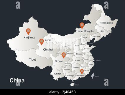 China map, Infographics flat design colors snow white, with names of individual regions vector Stock Vector