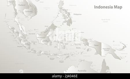 Indonesia map, individual regions with names and capital city, card paper 3D natural vector Stock Vector
