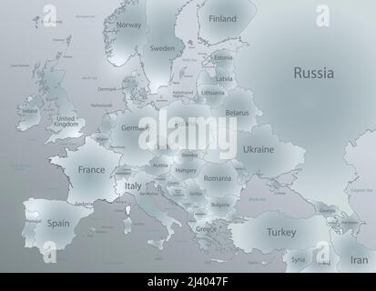 Europe with parts of Asia, detailed map, individual states and islands and sea with names, design glass card 3D vector Stock Vector