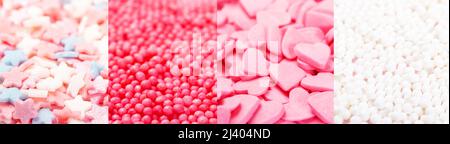 Banner with confectionery sprinkles in pink colors.  Stock Photo