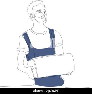Delivery guy employee man in red cap white t-shirt vest uniform sterile face mask gloves work courier service on lockdown coronavirus flu virus hold l Stock Vector