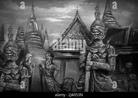 Art painting Oil color Literature Ramayana religion background From Thailand temple , black and white , monochrome , Wat phra keaw Stock Photo