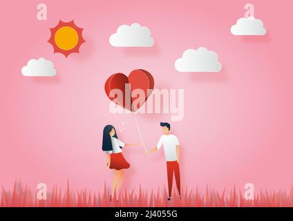 Concept of valentine day. Men give paper hearts to women. Vector paper art illustration. Paper cut and craft style. Stock Vector