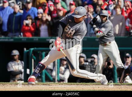 Washington, USA. 10th Apr, 2022. WASHINGTON, DC - APRIL 10: Washington Nationals left fielder Juan Soto (22) at bat during a MLB game between the Washington Nationals and the New York Mets, on April 10, 2022, at Nationals Park, in Washington, DC. (Photo by Tony Quinn/SipaUSA) Credit: Sipa USA/Alamy Live News Stock Photo