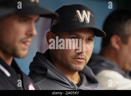 Washington, USA. 10th Apr, 2022. WASHINGTON, DC - APRIL 10: Washington Nationals manager Dave Martinez (4) in the dugout before a MLB game between the Washington Nationals and the New York Mets, on April 10, 2022, at Nationals Park, in Washington, DC. (Photo by Tony Quinn/SipaUSA) Credit: Sipa USA/Alamy Live News Stock Photo