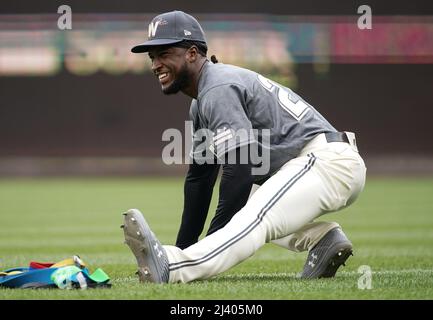 Washington, USA. 10th Apr, 2022. WASHINGTON, DC - APRIL 10: Washington Nationals shortstop Lucius Fox (26) stretches before a MLB game between the Washington Nationals and the New York Mets, on April 10, 2022, at Nationals Park, in Washington, DC. (Photo by Tony Quinn/SipaUSA) Credit: Sipa USA/Alamy Live News Stock Photo