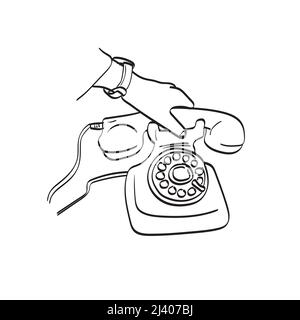 line art closeup hand holding retro telephone illustration vector hand drawn isolated on white background Stock Vector