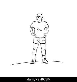 line art full length male runner standing with cap on head illustration vector hand drawn isolated on white background Stock Vector