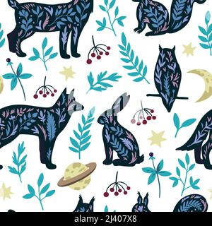 Seamless pattern with mystic wild animals in doodle boho scandinavian style, owl, wolf and rabbit with stars and plant elements. Stock Vector