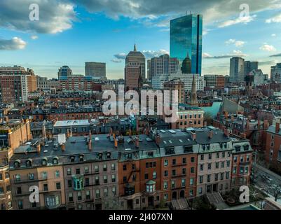 Aerial view of downtown Boston with red brick facade houses, hihg rise office buildings Stock Photo