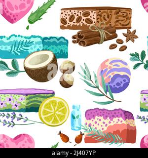 Seamless pattern with colorful hand made soap illustrations isolated on white background.  Stock Vector
