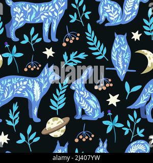 Seamless pattern with mystic wild animals in doodle boho scandinavian style, owl, wolf and rabbit with stars and plant elements. Stock Vector