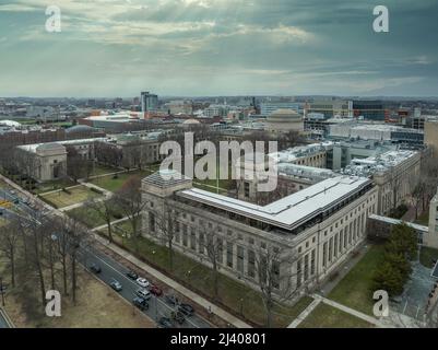 Aerial view of the Massachusetts Institute of Technology MIT campus main building in Cambridge Boston with stormy sky Stock Photo