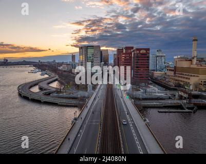 Aerial sunset view of Memorial drive and Main street near the MIT campus in Cambridge Massachusetts with dramatic clouds Stock Photo